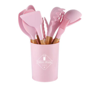 Ensemble de 12 Ustensiles de Cuisine en Silicone avec Manche en Bois
